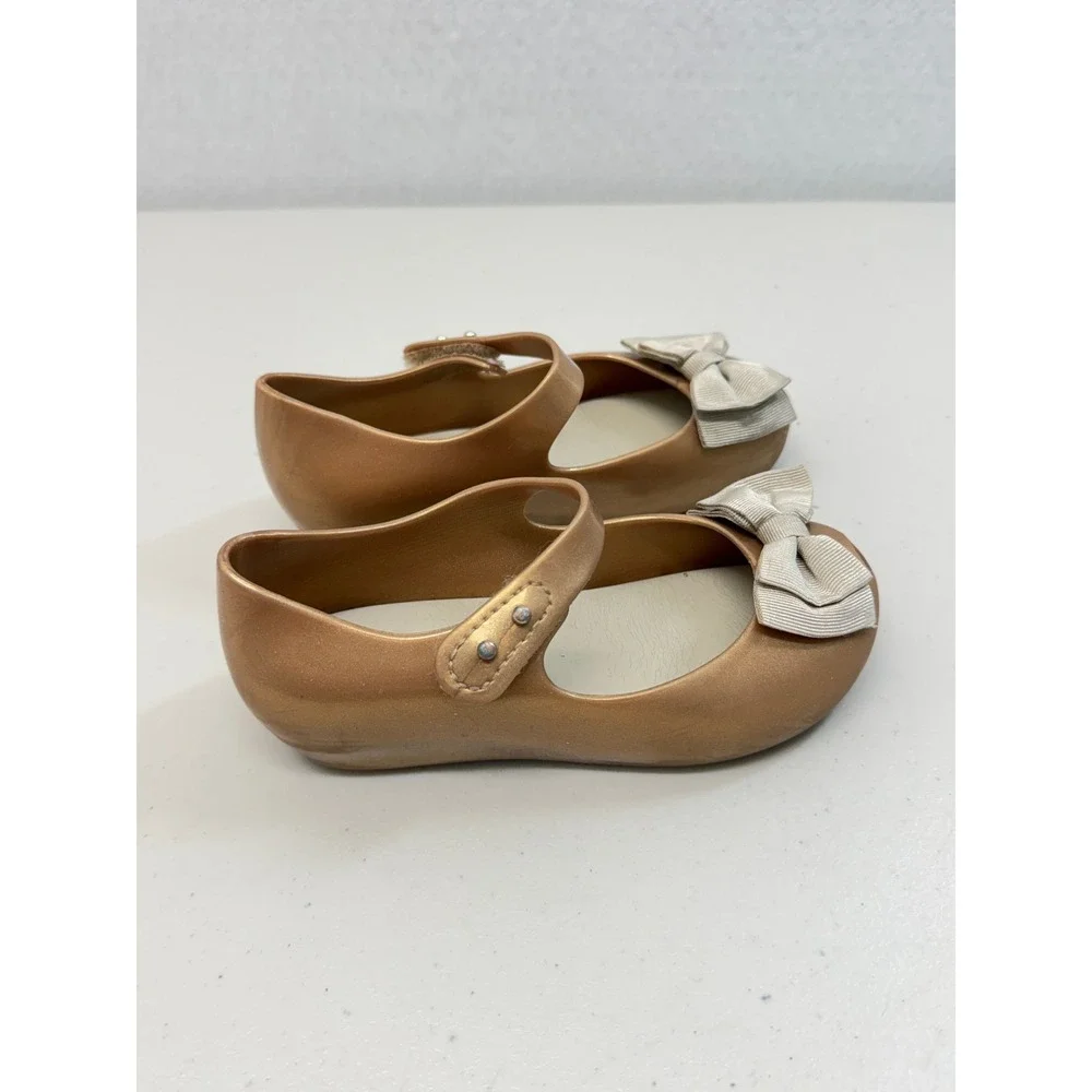 Mini Melissa Kids Rose Gold Bow Mary Jane Peep Toe Shoes Size 10 USA 27 EUR